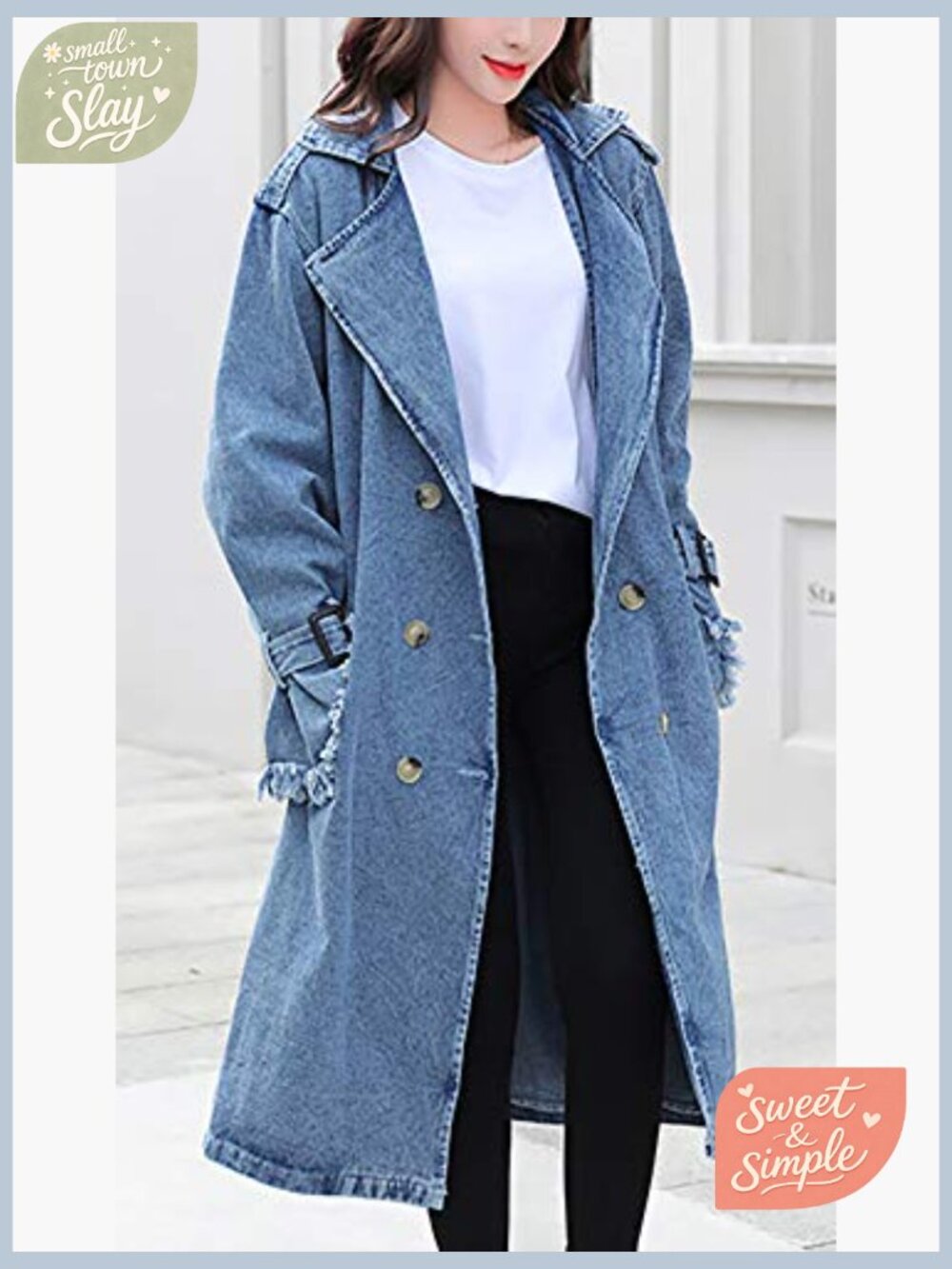 Women's Long Denim Jacket with Belt Oversized Trench Coat Button Down Spring - Picture 3 of 5
